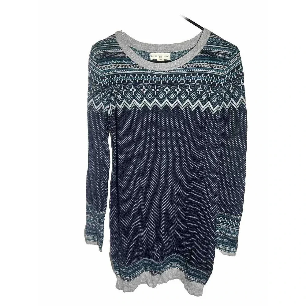 If It Were Me Gray/Blue Fair Isle Holiday Long Sleeve Sweater Dress Women’s Sz M